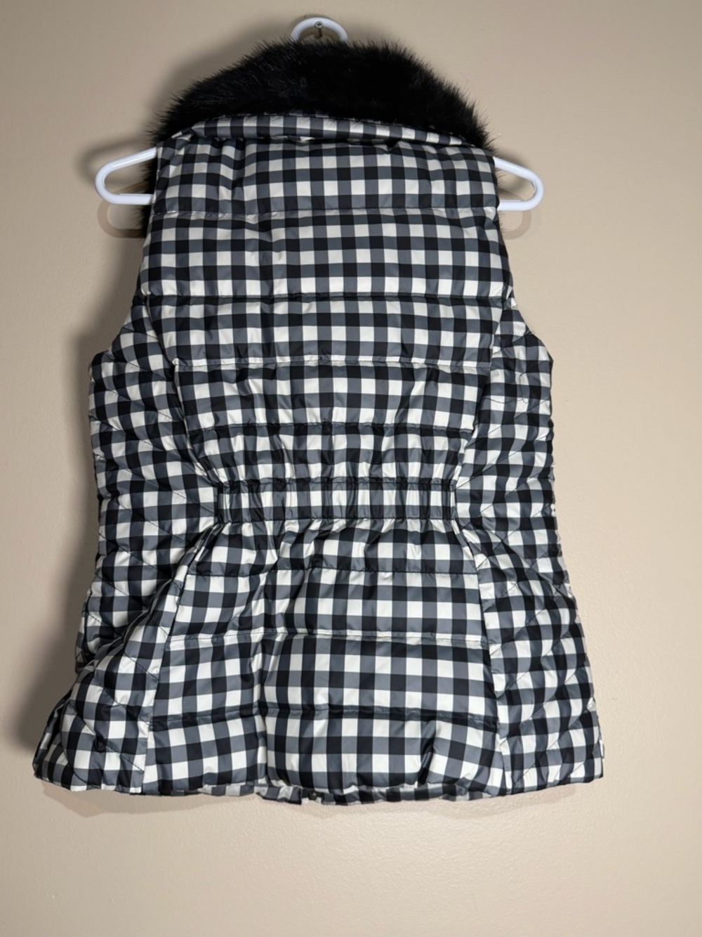Talbots Black and White Gingham Puffer Vest with Faux Fur Hood - Picture 4 of 4